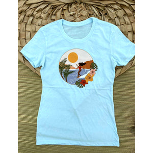 light blue t-shirt with girl surfing and flowers